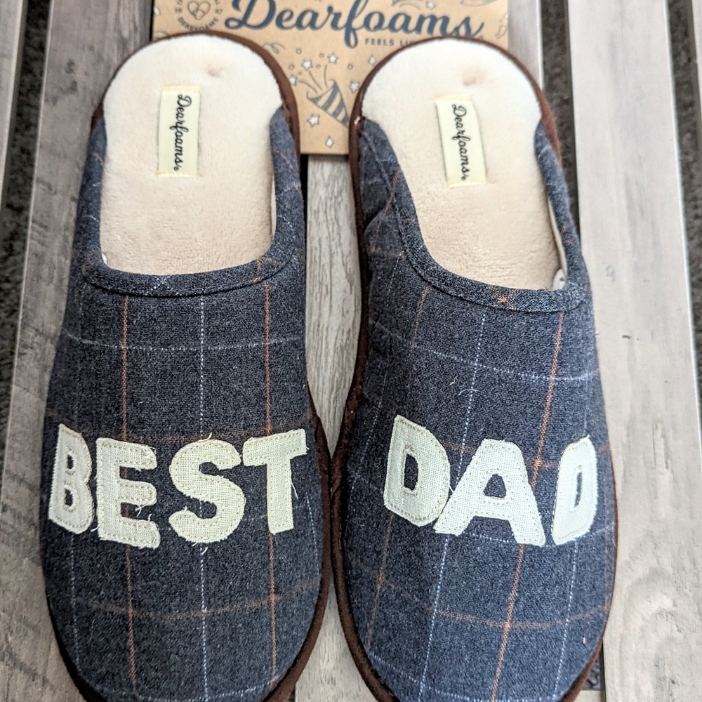Dearfoam Men's "Best Dad" Slippers, Blue Plaid, Size L, NEW